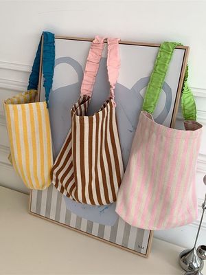 Summer Must-Have Two-Handle Canvas Shoulder Bag with Eye-Catching Contrasting Stripes