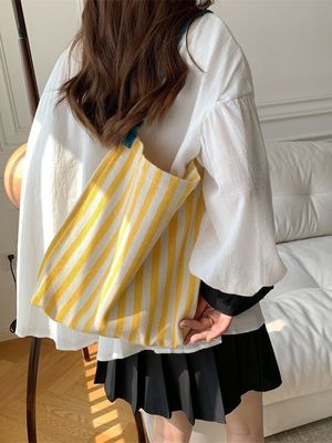 Summer Must-Have Two-Handle Canvas Shoulder Bag with Eye-Catching Contrasting Stripes