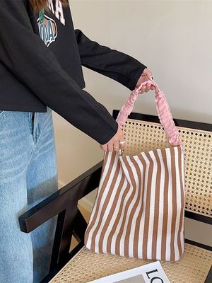 Summer Must-Have Two-Handle Canvas Shoulder Bag with Eye-Catching Contrasting Stripes