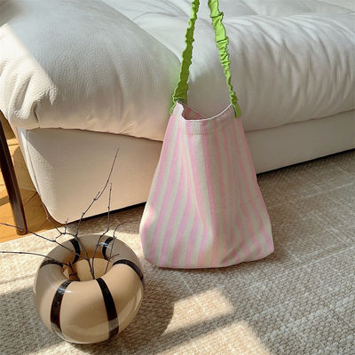 Summer Must-Have Two-Handle Canvas Shoulder Bag with Eye-Catching Contrasting Stripes