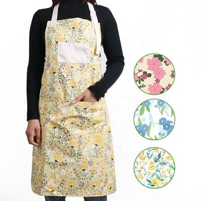 Custom Logo Print Adjustable Washable Yellow Cotton Kitchen Apron for Restaurant Bar