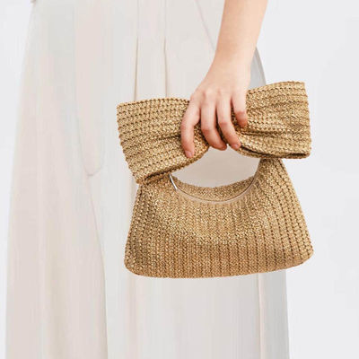Shopping Bag Customized Women Bow Straw Woven Beach Raffia Clutch Handbag Casual Tote