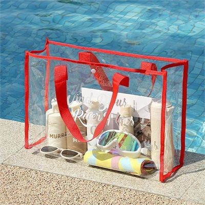 Thick Cotton Handle Customized Transparent Pink PVC Tote Bag for Fashionable Shopping