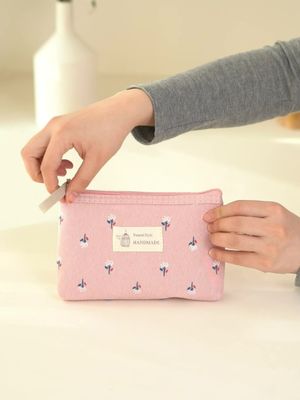 Customisable Portable Cosmetic Bag for Women Solid Pattern Type and Canvas Material