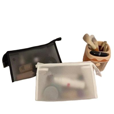 Custom Simple Nylon Mesh Makeup Bag for Toiletry and Cosmetic Storage in Black Color