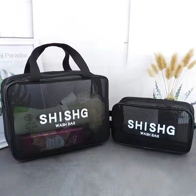 Custom Simple Nylon Mesh Makeup Bag for Toiletry and Cosmetic Storage in Black Color