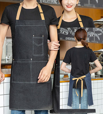 Custom Logo Printed Cotton Denim Bib Apron Ideal for Busy Restaurant Bar Environments