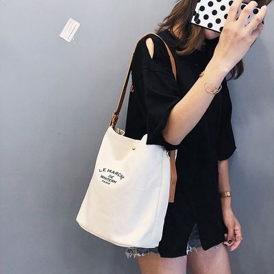 Women's Fashion Design Custom Logo Cotton Canvas Tote Bag with Brown Leather Handles