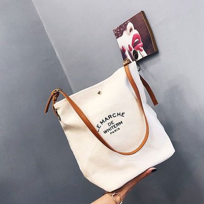 Women's Fashion Design Custom Logo Cotton Canvas Tote Bag with Brown Leather Handles