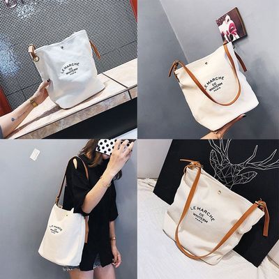Women's Fashion Design Custom Logo Cotton Canvas Tote Bag with Brown Leather Handles