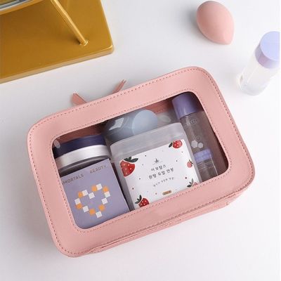 Pink Leather Cosmetic Bag with Acceptable OEM/ODM and Solid Pattern Type