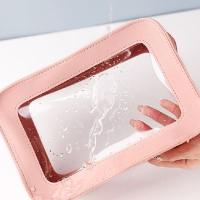 Pink Leather Cosmetic Bag with Acceptable OEM/ODM and Solid Pattern Type