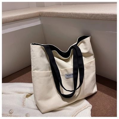 Women's Washable Canvas Tote Bag with PU Leather Handle Open Closure and Durable