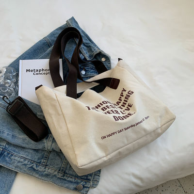 Custom Logo Letter Cotton Canvas Tote Bag With Polyester Lining and Large Capacity