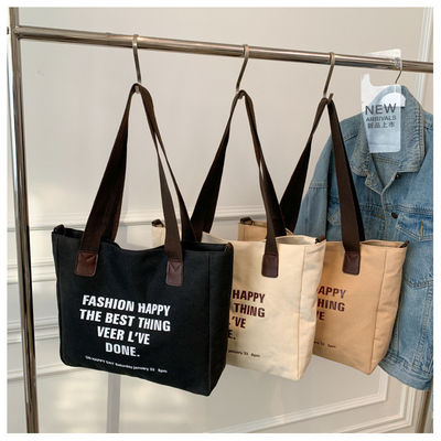 Custom Logo Letter Cotton Canvas Tote Bag With Polyester Lining and Large Capacity