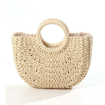 Medium Size Straw Beach Tote Bag with Bali Fashion Print and Cartoon Pattern Design