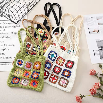 OEM/ODM Acceptable Crochet Women Shoulder Bags Granny Square Tote Bag Knitted Handbags