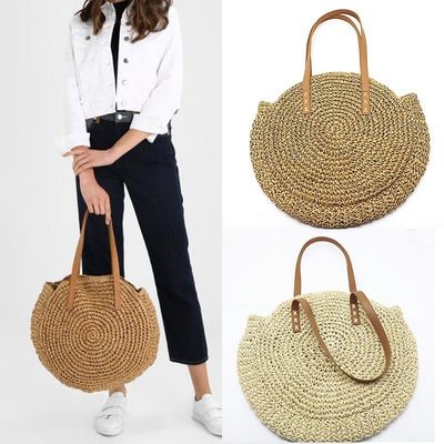 Crochet Handbag Women Large Summer Round Customized Color Moroccan Paper Sea Beach Tote Straw Bag