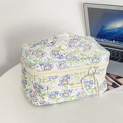 Lightweight Blue Gingham Makeup Pouch for Women Cute Travel Small Floral Cosmetic Bag