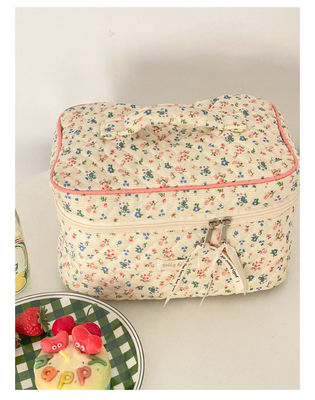 Lightweight Blue Gingham Makeup Pouch for Women Cute Travel Small Floral Cosmetic Bag