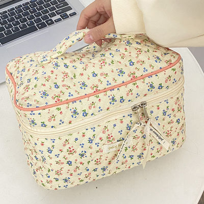 Lightweight Blue Gingham Makeup Pouch for Women Cute Travel Small Floral Cosmetic Bag