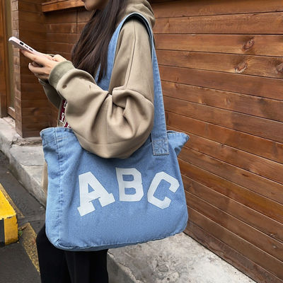 Custom Printing Denim Woven Beach Bag with Soft-loop Style and OEM/ODM Acceptance