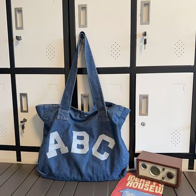 Custom Printing Denim Woven Beach Bag with Soft-loop Style and OEM/ODM Acceptance