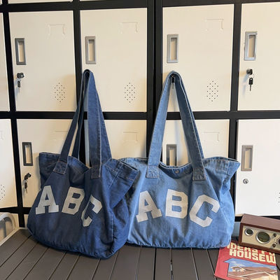 Custom Printing Denim Woven Beach Bag with Soft-loop Style and OEM/ODM Acceptance