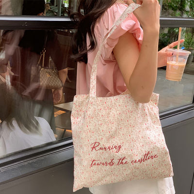 Custom Pink Floral Beach Tote Bag Natural Canvas Ladies Shoulder Bag for Women