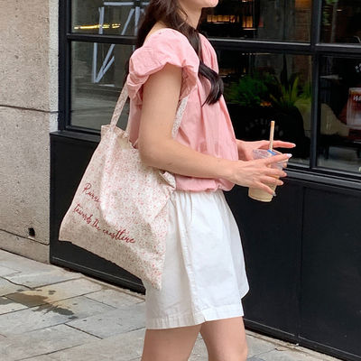 Custom Pink Floral Beach Tote Bag Natural Canvas Ladies Shoulder Bag for Women