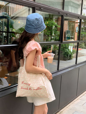 Custom Pink Floral Beach Tote Bag Natural Canvas Ladies Shoulder Bag for Women