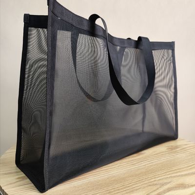 Large Capacity Custom Logo Print Black Mesh Tote Bag for Market Shopping and Beach