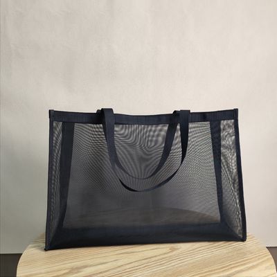 Large Capacity Custom Logo Print Black Mesh Tote Bag for Market Shopping and Beach
