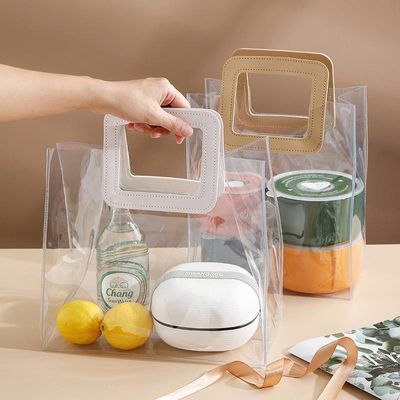 Leather Handle Reusable Handbag Transparent PVC Plastic Gift Wrap Tote Bag for BEACH BAG