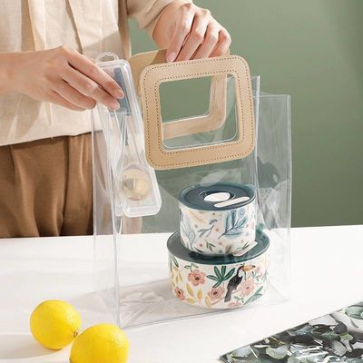 Leather Handle Reusable Handbag Transparent PVC Plastic Gift Wrap Tote Bag for BEACH BAG
