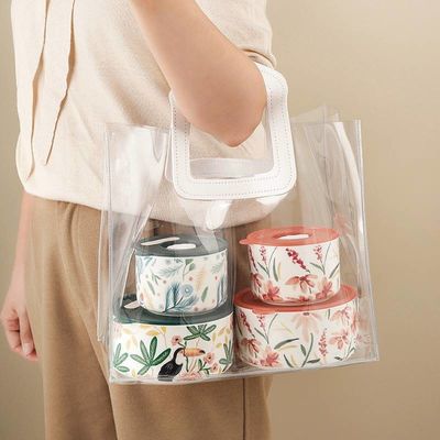 Leather Handle Reusable Handbag Transparent PVC Plastic Gift Wrap Tote Bag for BEACH BAG
