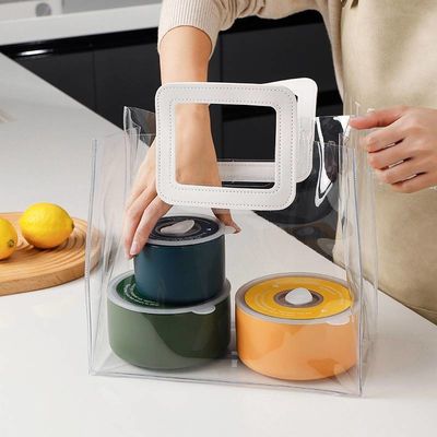 Leather Handle Reusable Handbag Transparent PVC Plastic Gift Wrap Tote Bag for BEACH BAG