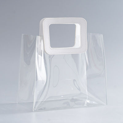 Leather Handle Reusable Handbag Transparent PVC Plastic Gift Wrap Tote Bag for BEACH BAG