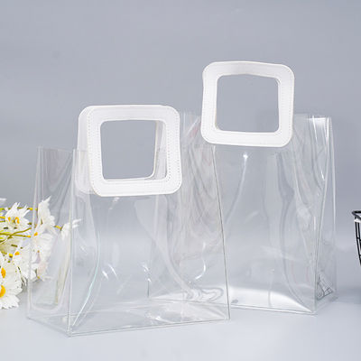 Leather Handle Reusable Handbag Transparent PVC Plastic Gift Wrap Tote Bag for BEACH BAG