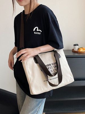 Daily School Life Letter Print Cotton Tote Bag for Women Crossbody Canvas Shopping Bag