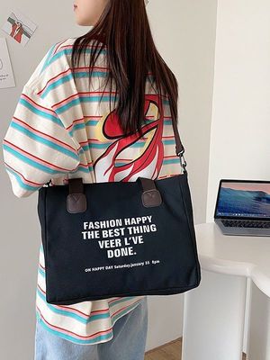 Daily School Life Letter Print Cotton Tote Bag for Women Crossbody Canvas Shopping Bag