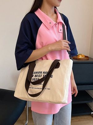 Daily School Life Letter Print Cotton Tote Bag for Women Crossbody Canvas Shopping Bag