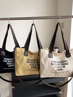 Daily School Life Letter Print Cotton Tote Bag for Women Crossbody Canvas Shopping Bag
