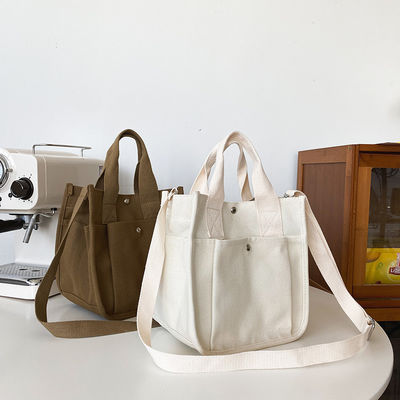 Gifts Durable Cotton Canvas Shopping Tote Bag with Crossbody Strap and Multiple Pockets