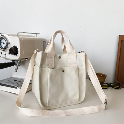 Gifts Durable Cotton Canvas Shopping Tote Bag with Crossbody Strap and Multiple Pockets