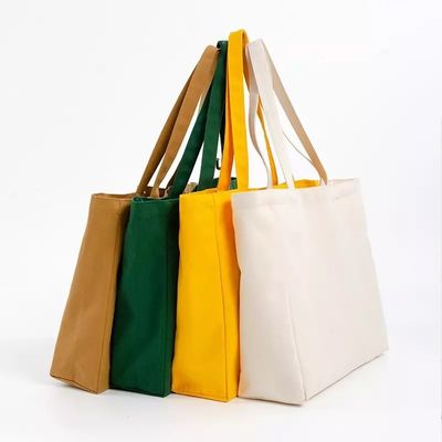 Silk Screen Printed Eco Canvas Bag Ladies Shopping Tote With Pockets and Letter Pattern