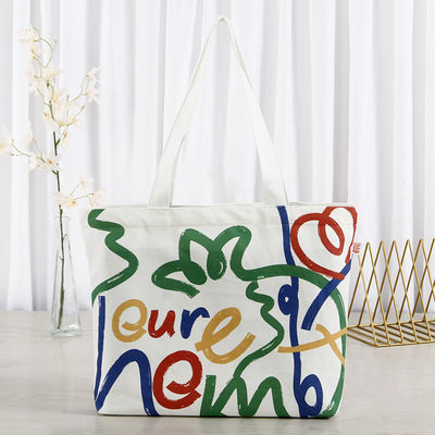 Custom Silk Screen Printed Cotton Canvas Shopping Tote Bag with Logo and Letter Pattern