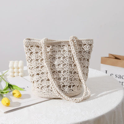 Simple Casual Lady Summer Straw Handmade Bucket Bag for Women Beach Vacation Shoulder Bag