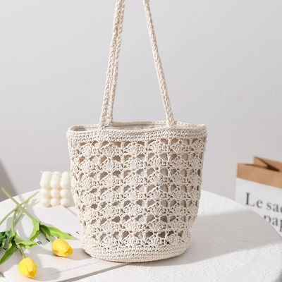 Simple Casual Lady Summer Straw Handmade Bucket Bag for Women Beach Vacation Shoulder Bag
