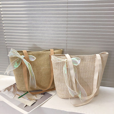 2022 Fashion Ladies Handbag Zipper Closure Large Capacity Striped Straw Beach Tote Bag